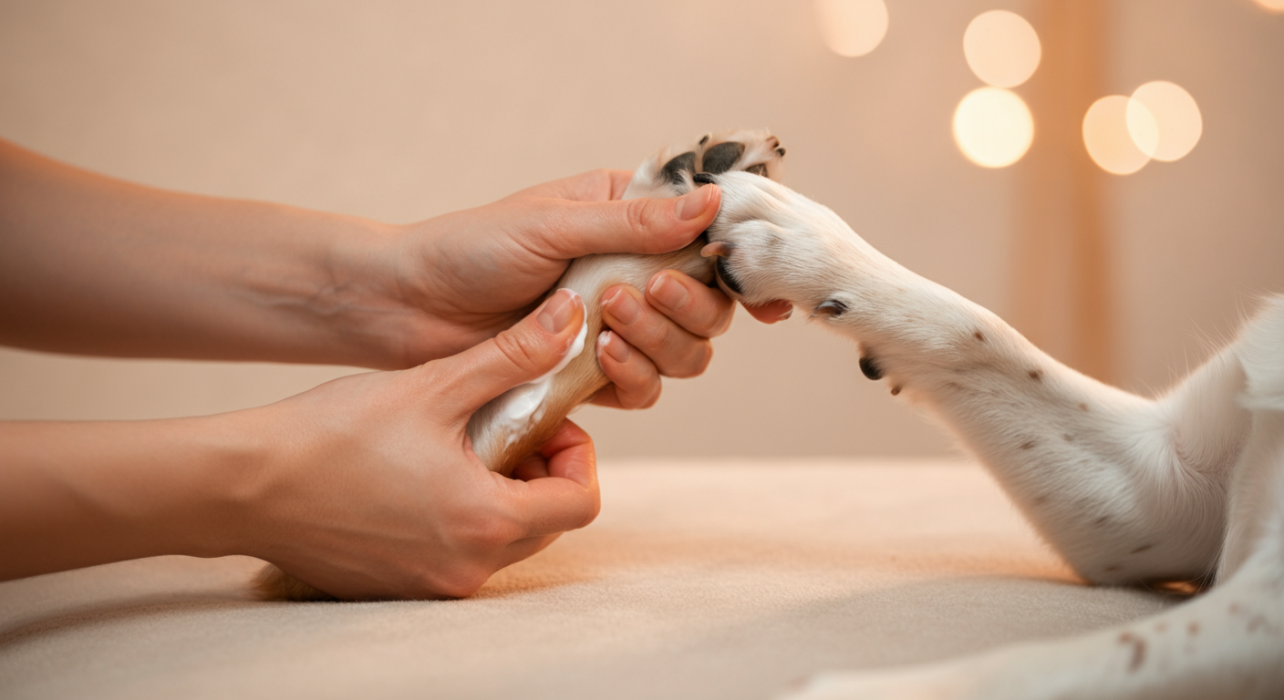 飼い主の両手が、犬の足を優しく包み込むようにマッサージしている様子の写真。
