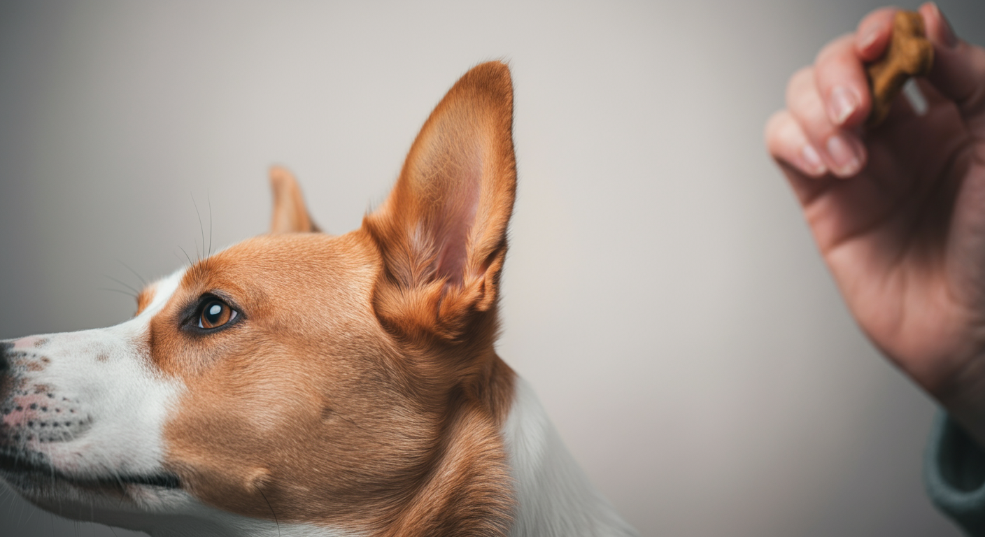 飼い主の声に反応して耳をぴくっと動かしている犬の耳のクローズアップ写真。