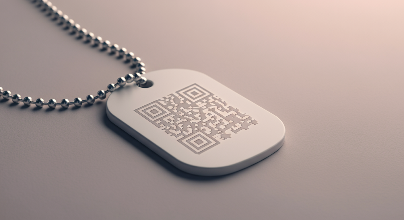 ミニマルなQRコードがデザインされた、マットな白い迷子札のクローズアップ。コードがほのかに光っている。