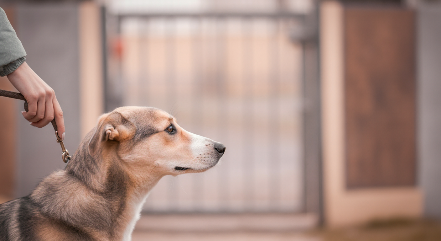 ドッグランの入り口近くで、飼い主がリードを優しく持ち、犬が落ち着いている様子を捉えた抽象的な写真。