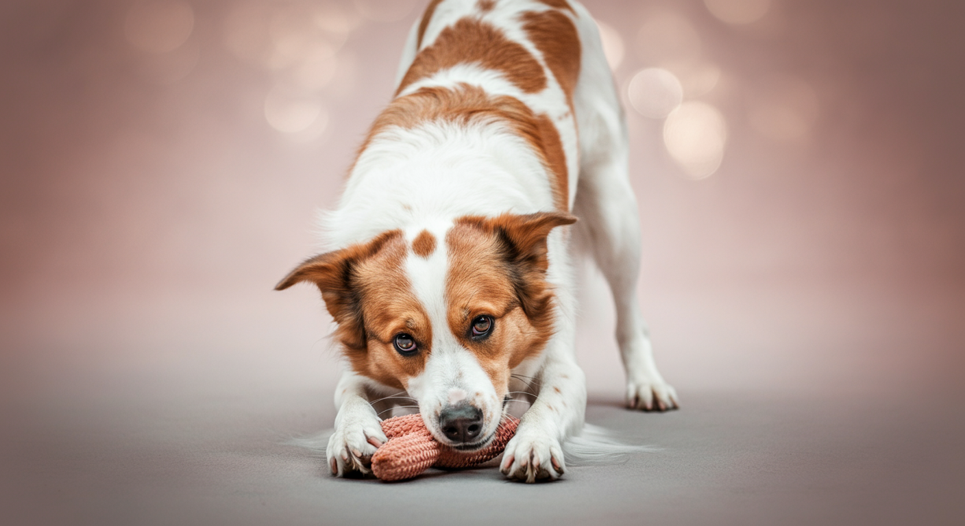 おもちゃを前にして「プレイバウ(お辞儀)」のポーズをとっている犬の遊びに誘う仕草。