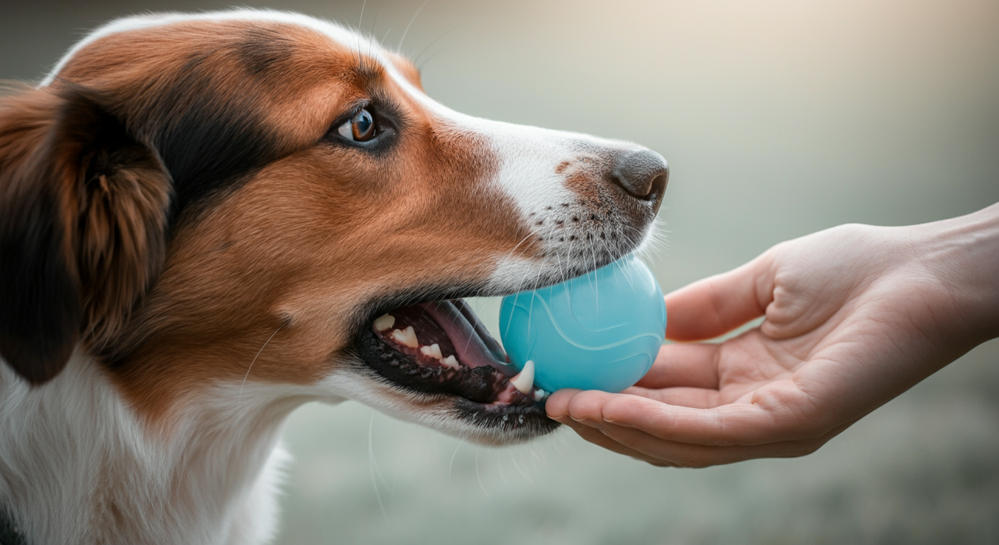 犬が咥えていたボールを、人の手にそっと渡している瞬間の写真。