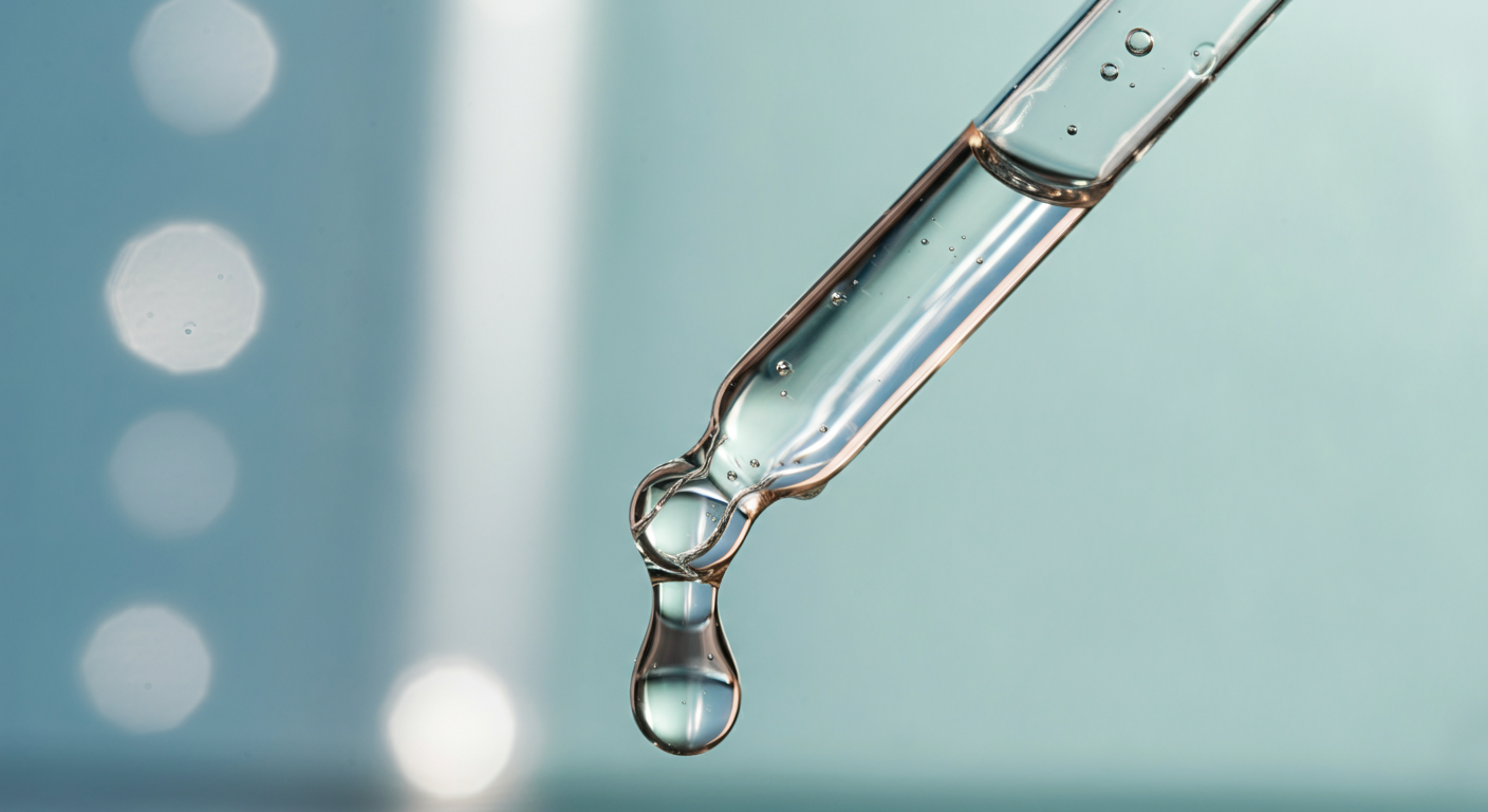ガラスのピペットからヒアルロン酸のような透明でとろみのある液体が一滴垂れているマクロ写真。