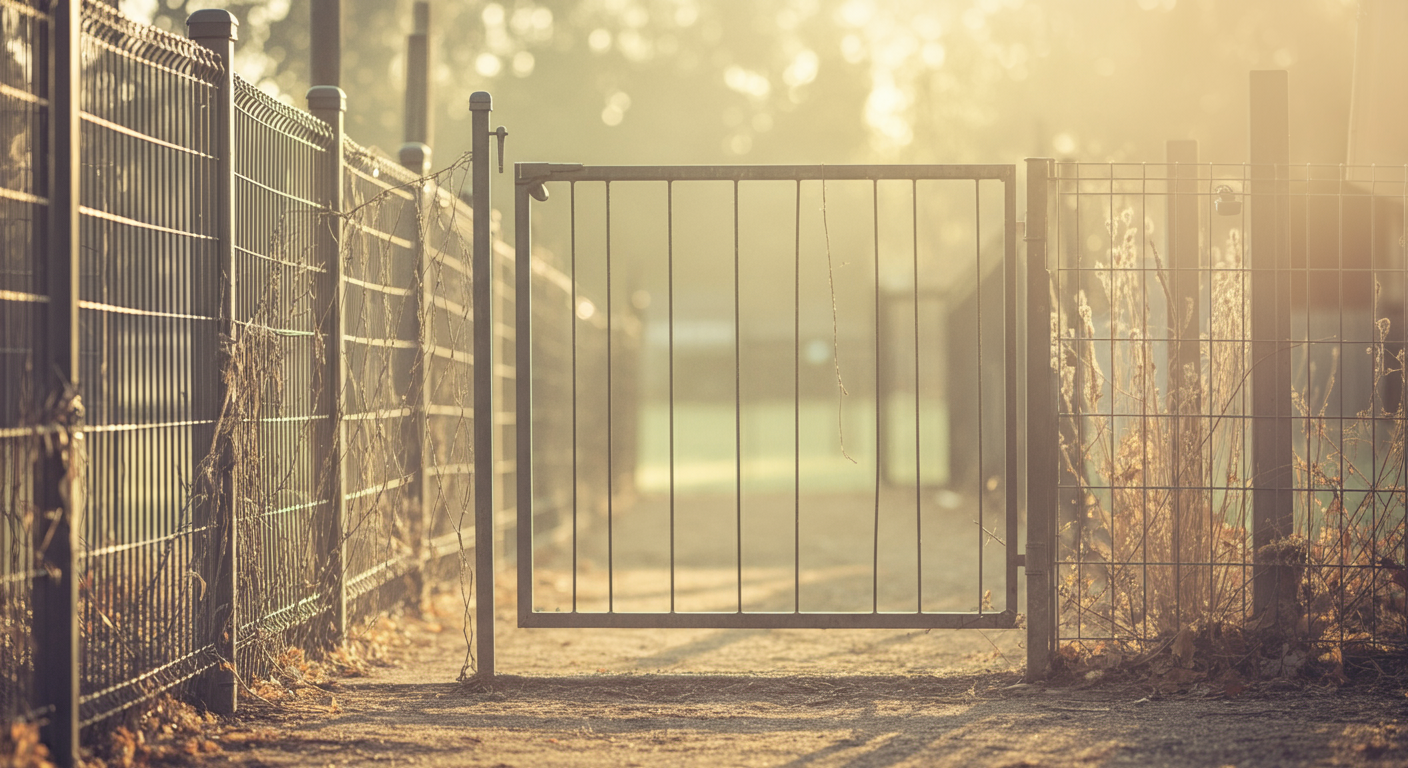 朝の柔らかい光の中、誰もいない静かなドッグランのフェンスとゲート。