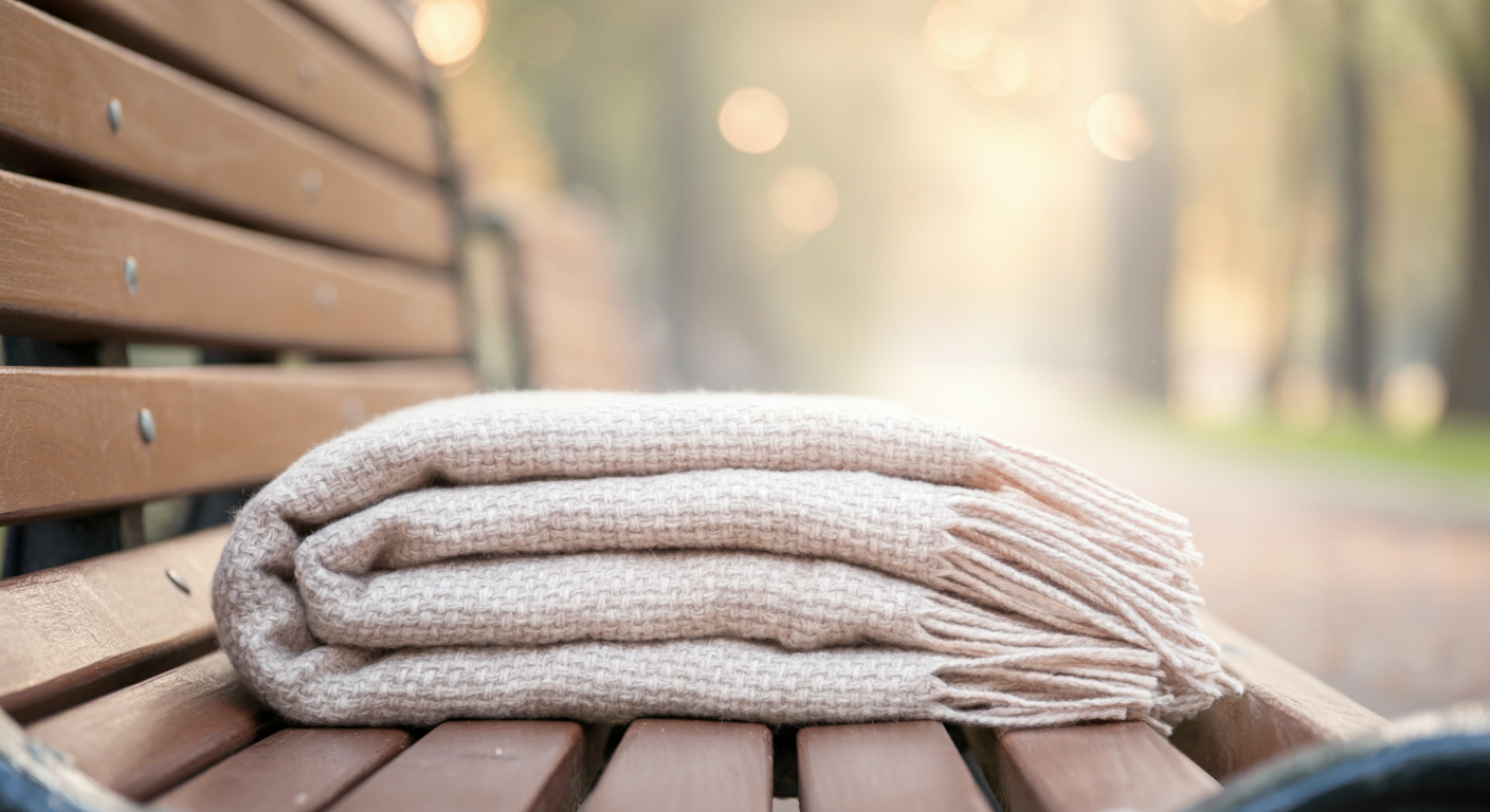 朝の光の中、公園のベンチにきれいに畳まれた柔らかい犬用のブランケット。