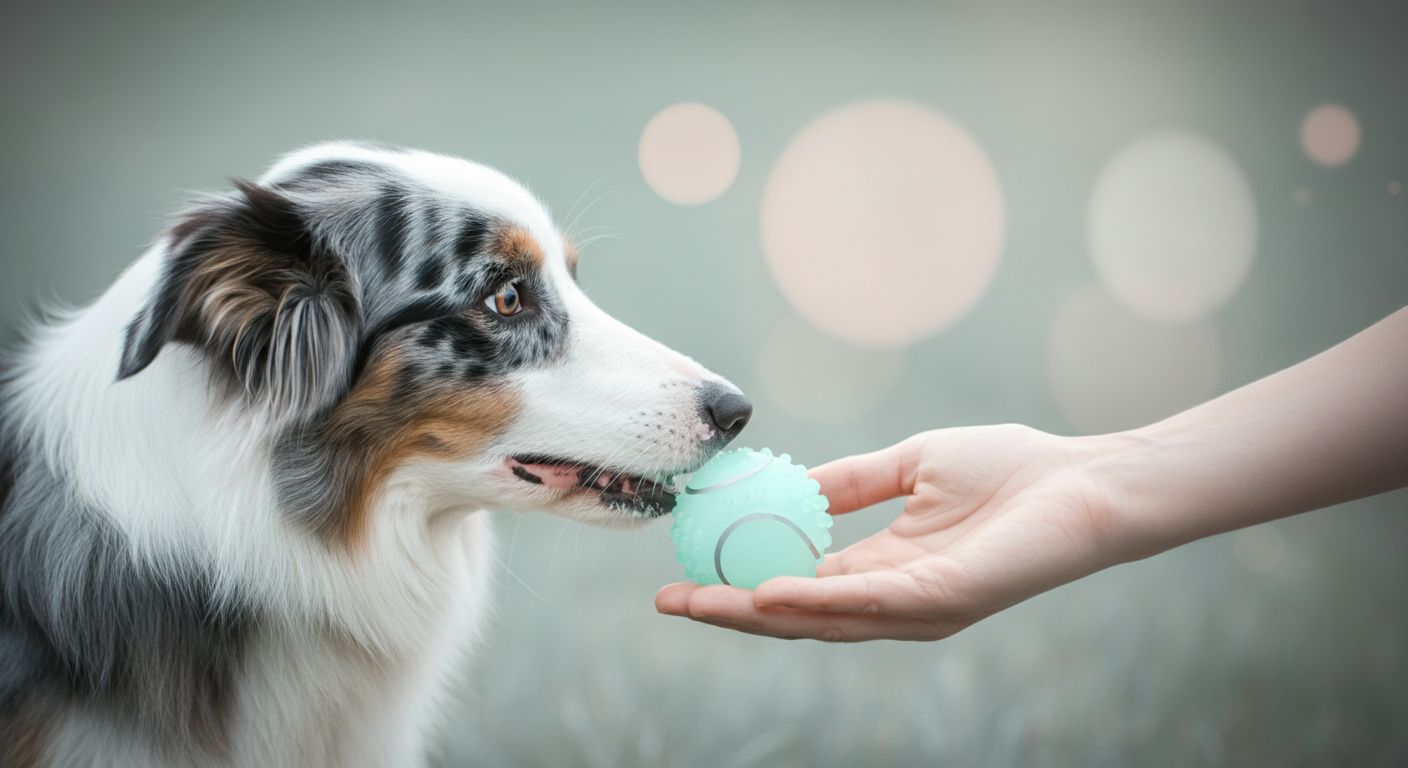 ボーダーコリーが飼い主の手に優しくボールを置く瞬間のクローズアップ。