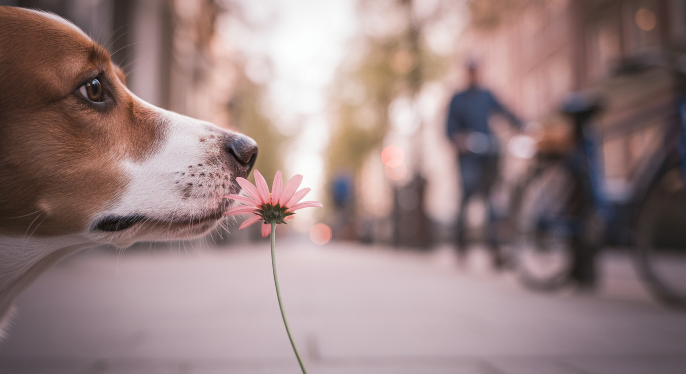 街中の歩道で、一輪の花の匂いを静かに嗅いでいる犬の鼻先のクローズアップ。