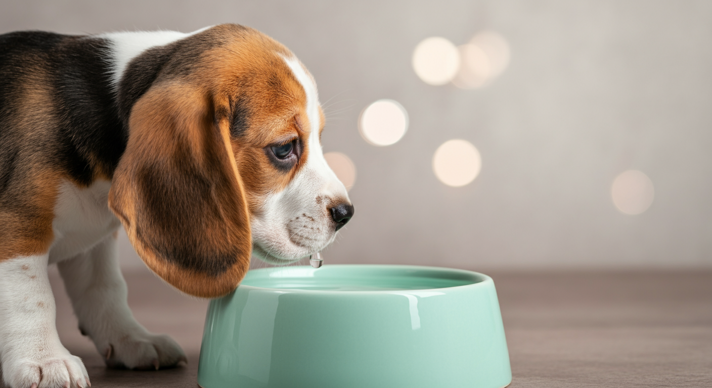 ミントグリーンのボウルから水を飲むビーグルの子犬の横顔。鼻先についた水滴にピントが合っており、背景は美しくぼけている。