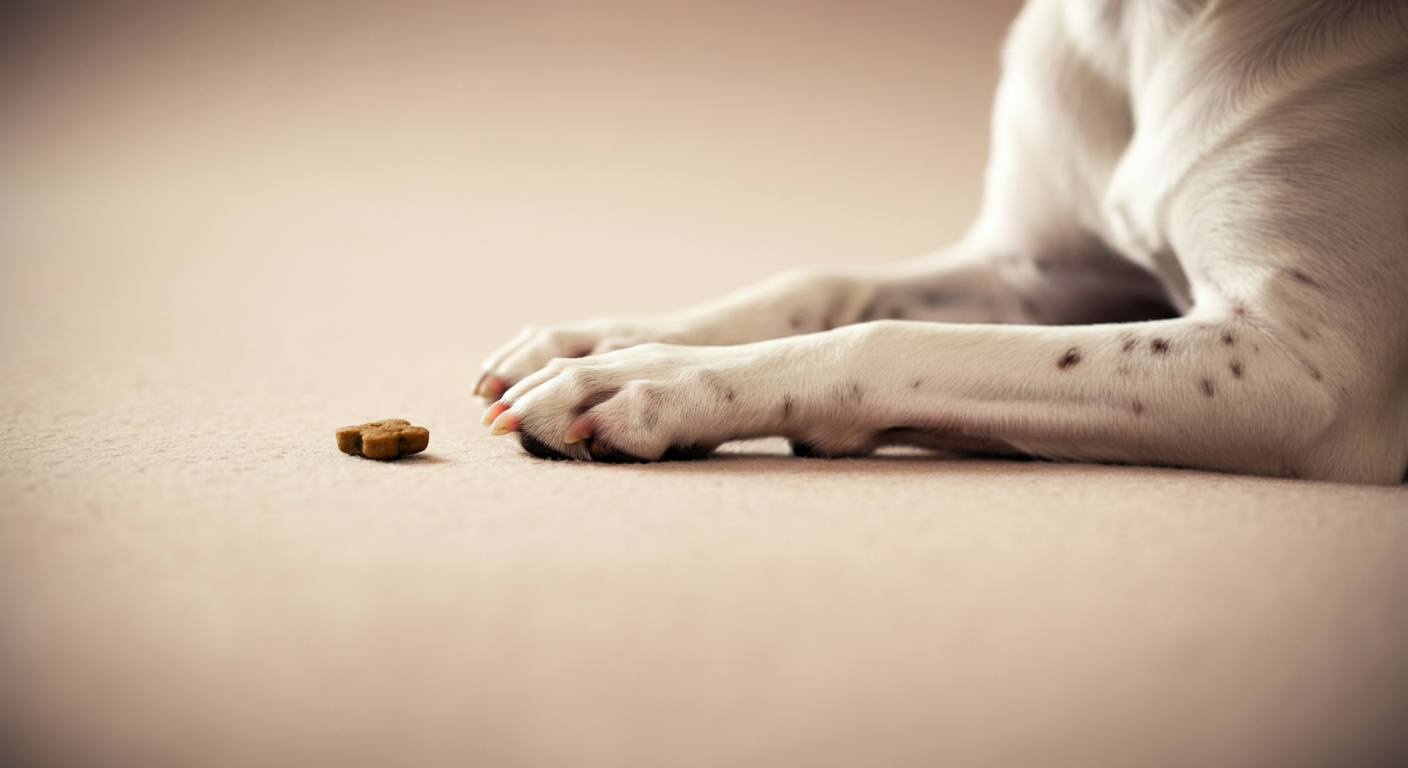落ち着いた雰囲気の中、床に置かれた一つのおやつの隣に優しく置かれた犬の前足。