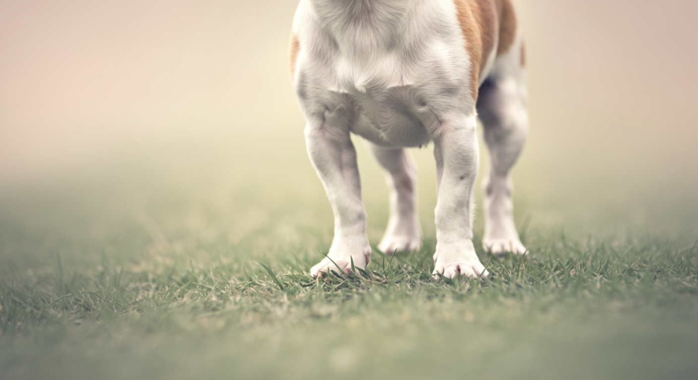 緩やかな芝生の傾斜に立つ、一匹の小型犬の短い足元のローアングル写真。