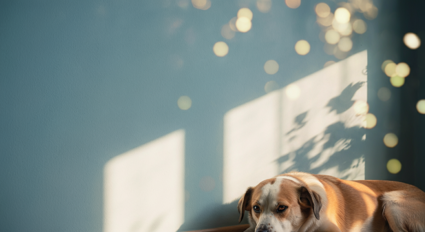 夏の強い日差しが窓枠の影を壁に落とし、犬がその日陰で休んでいる様子。涼しい場所での休息を表現した、パステルカラーのミニマルな写真。