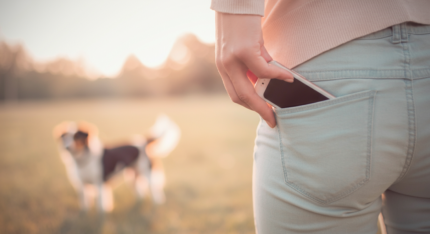 ドッグランで遊ぶ犬を背景に、飼い主がスマートフォンをポケットにしまおうとしている手元の写真。