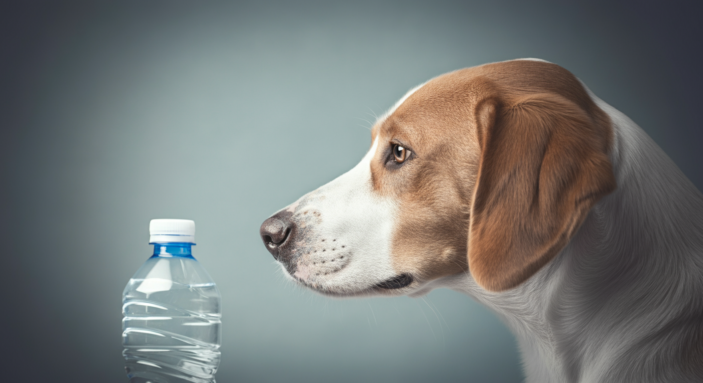 給水ボトルからそっぽを向いている犬の横顔。静かで思慮深い雰囲気。