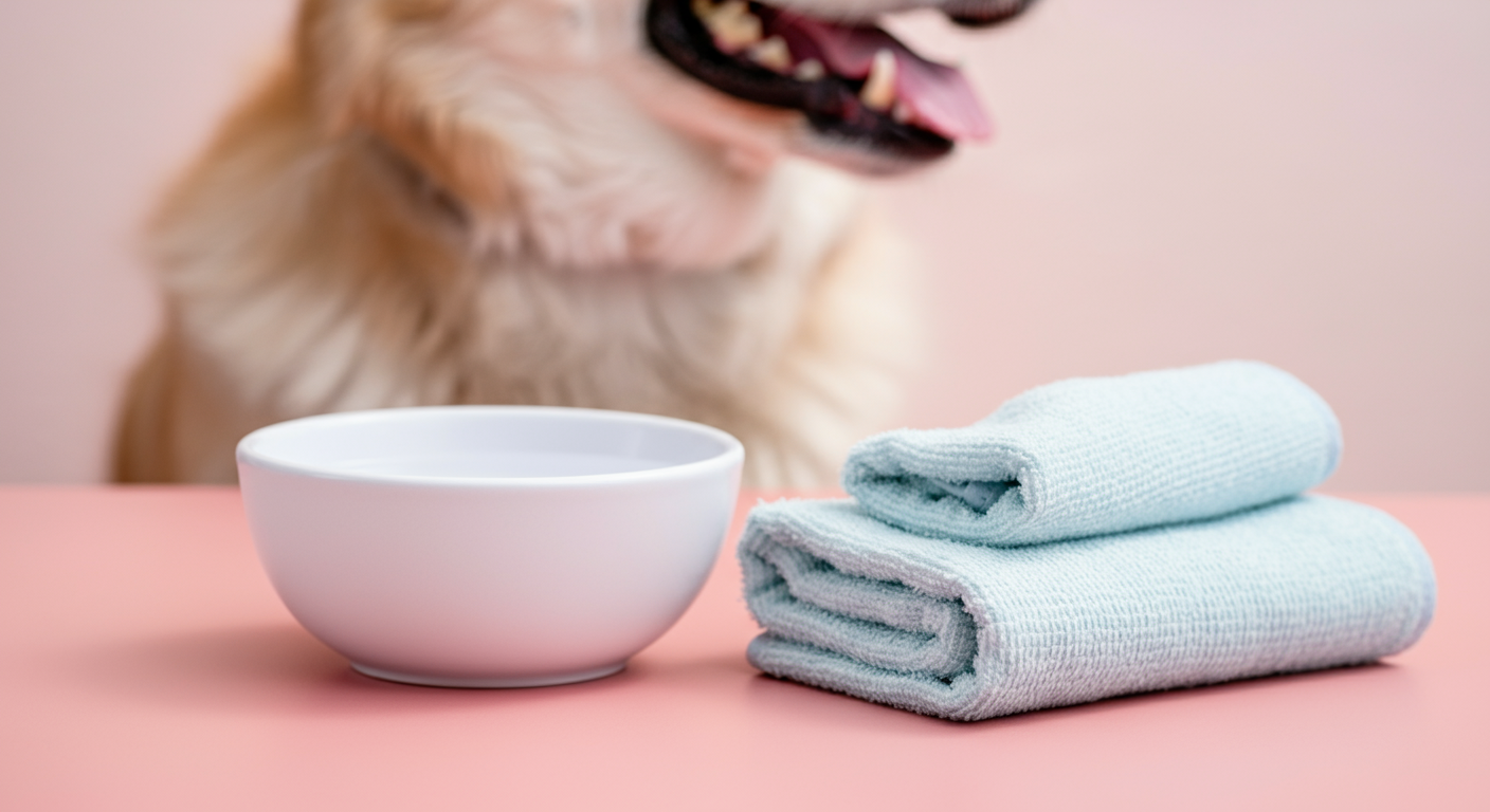 水の入ったボウルと清潔な布が、犬の口元の近くに置かれている