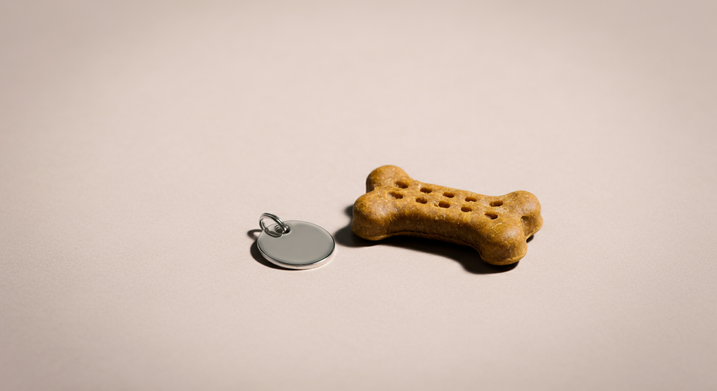 パステルカラーの背景に、迷子札と美味しそうなおやつが隣り合って置かれている写真。