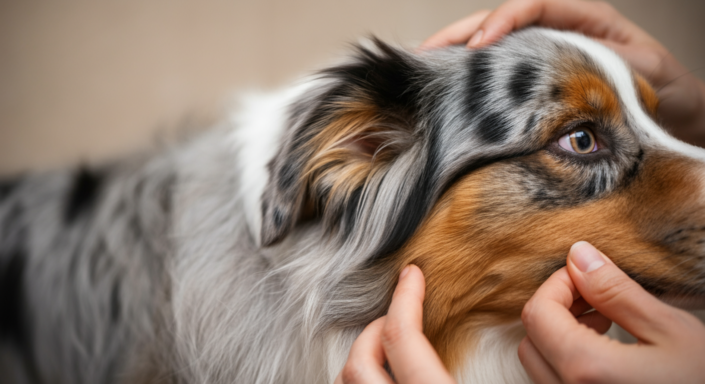 犬の毛をかき分けて、その下の健康な皮膚を確認している指先の写真。