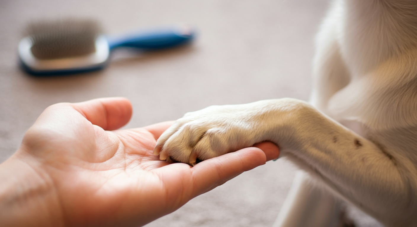 人の手に優しく置かれた犬の前足。信頼関係を象徴している。