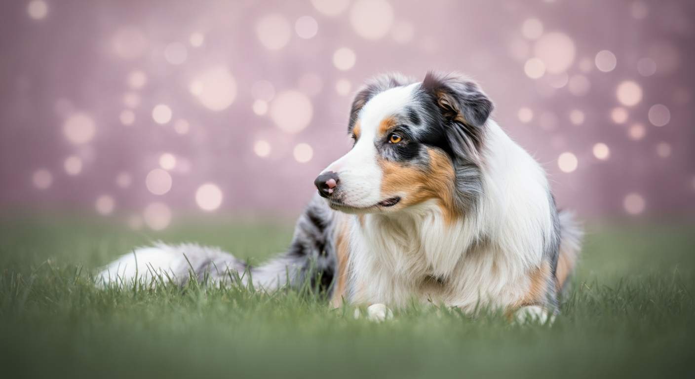 芝生の上で落ち着いて伏せをしているボーダーコリー。クールダウンのイメージ写真。