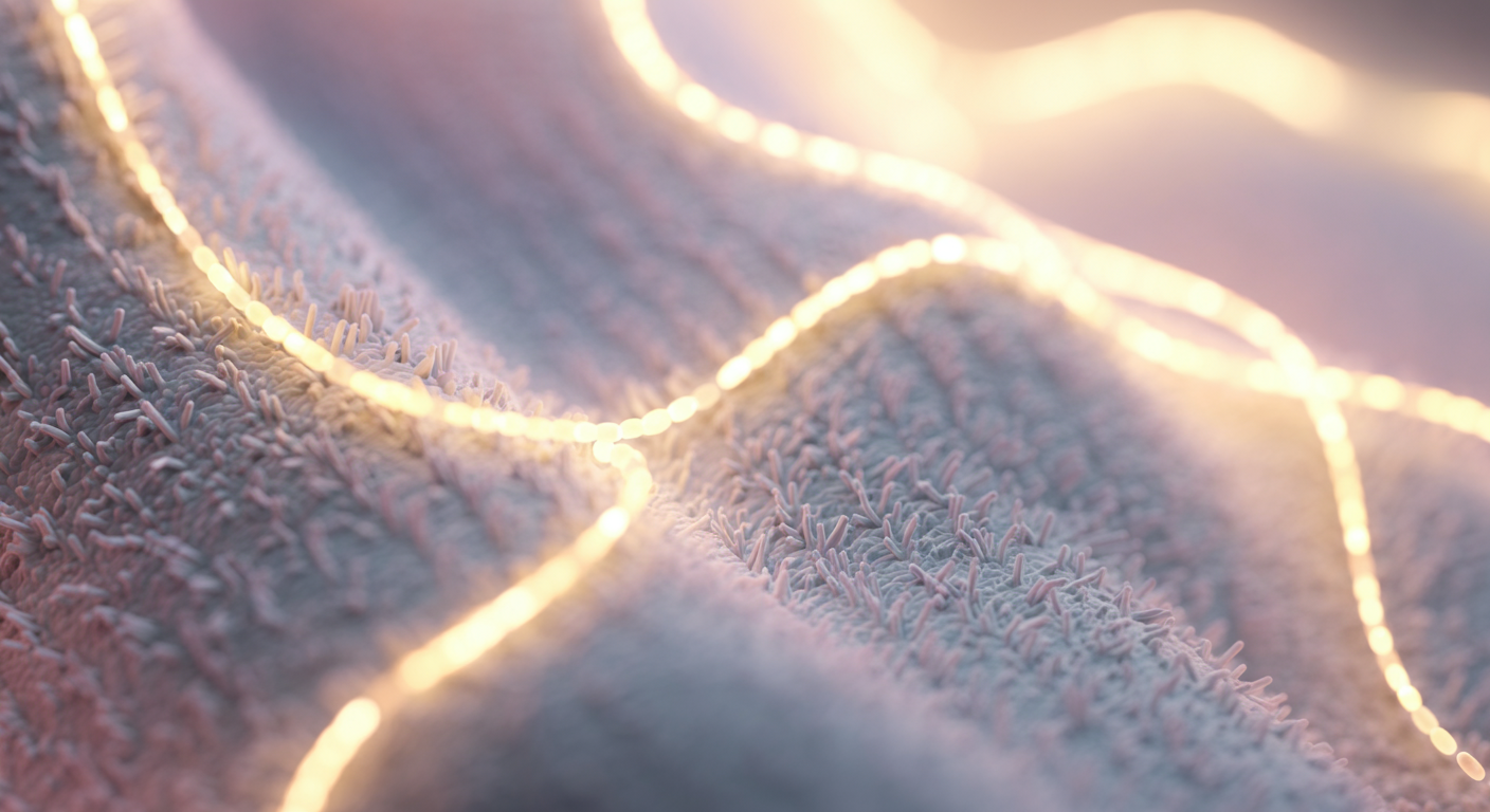 抗菌加工をイメージした、清潔で輝く線で表現された布の繊維の抽象的な顕微鏡写真。