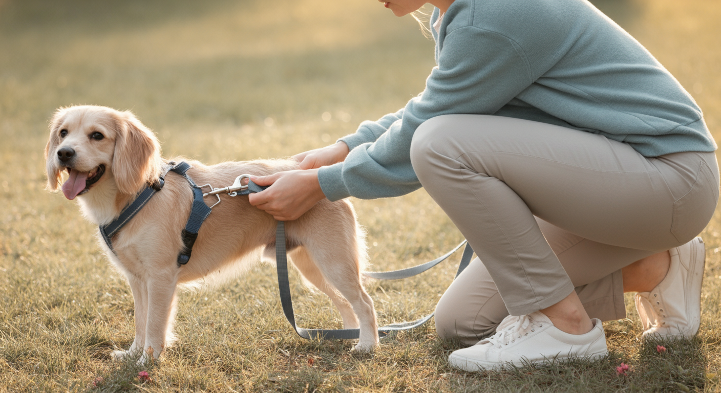 遊び終わった犬のそばに飼い主が膝をつき、落ち着いた様子で首輪にリードを装着している様子のローアングル写真。