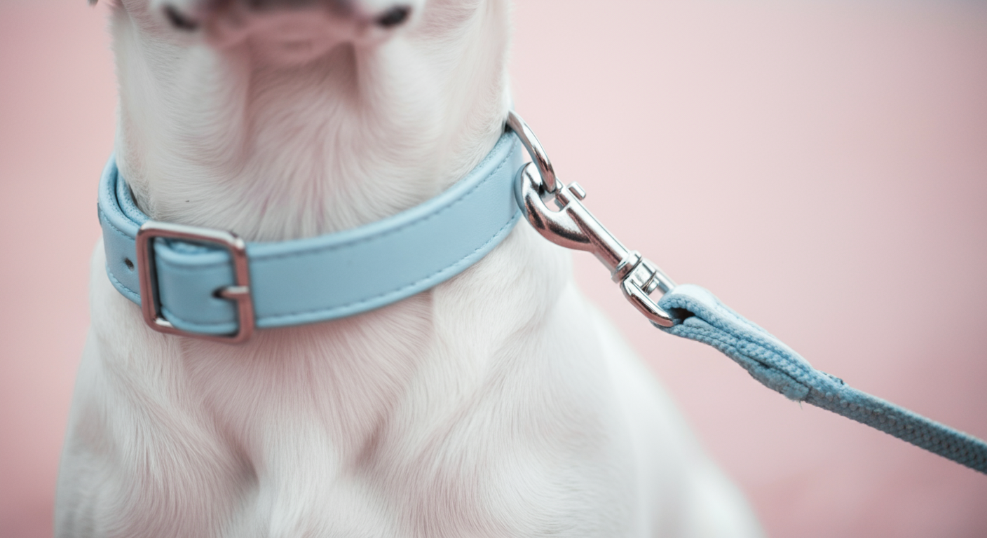パステルブルーの首輪につながれたリードの金具部分のクローズアップ