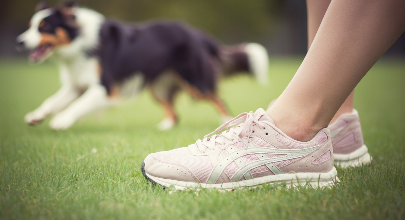 緑の芝生の上で、飼い主のスニーカーと、それを楽しそうに追いかけるボーダーコリーのぼやけた姿が写っている。ミニマルで動きのある写真。