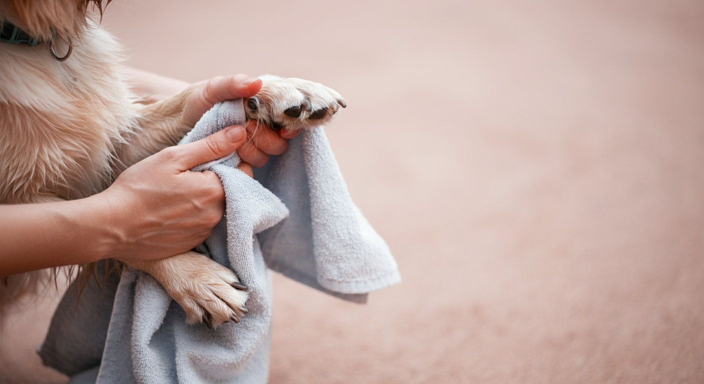 飼い主が、ふわふわのタオルで犬の足を優しく拭いている様子のクローズアップ写真。