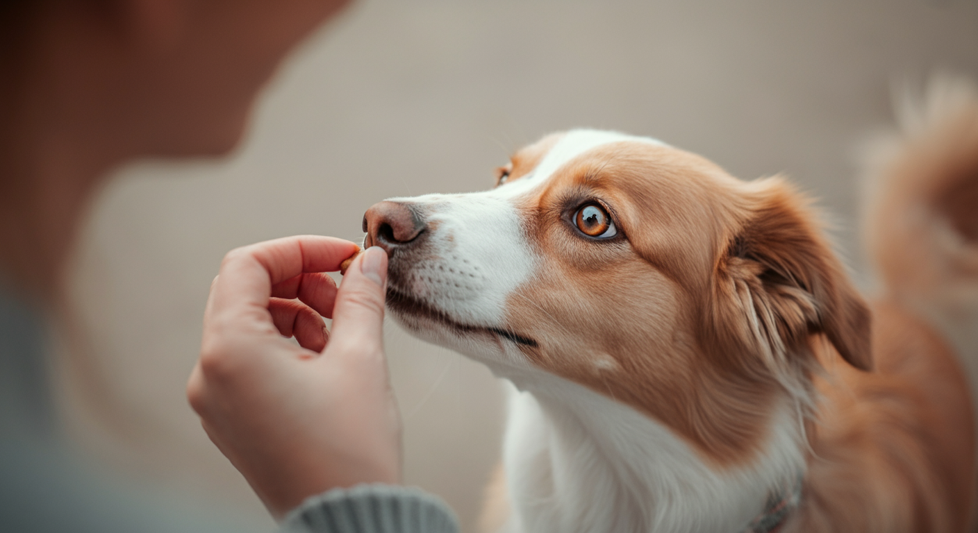 飼い主が自分の目の近くにおやつを持ち、犬からのアイコンタクトを促している様子を捉えた抽象的な写真。