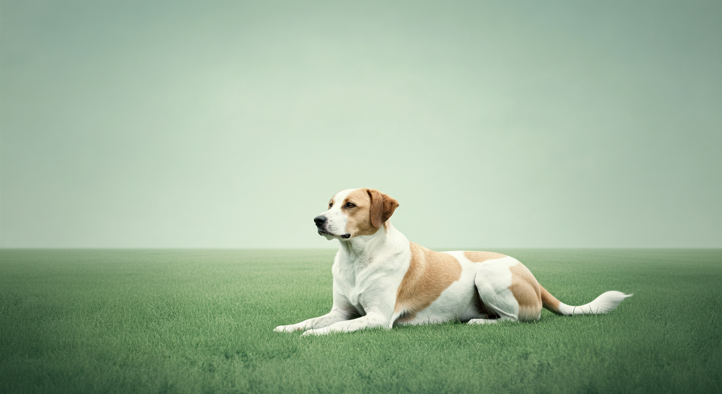 広大な緑の芝生の上で、一匹の犬が気持ちよさそうに寝転がっている。周りには誰もいない。