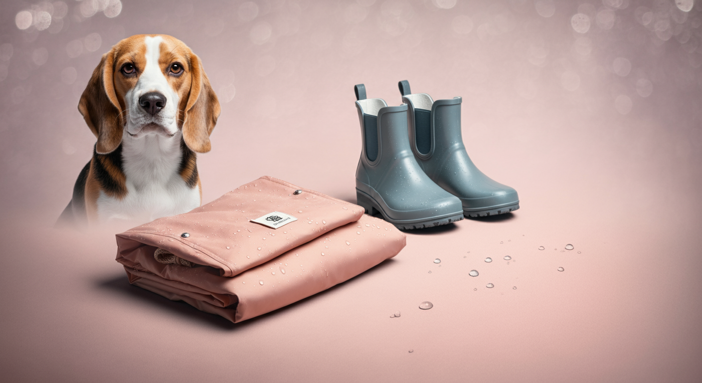 コンパクトに畳まれたレインポンチョと、おしゃれなレインブーツ。