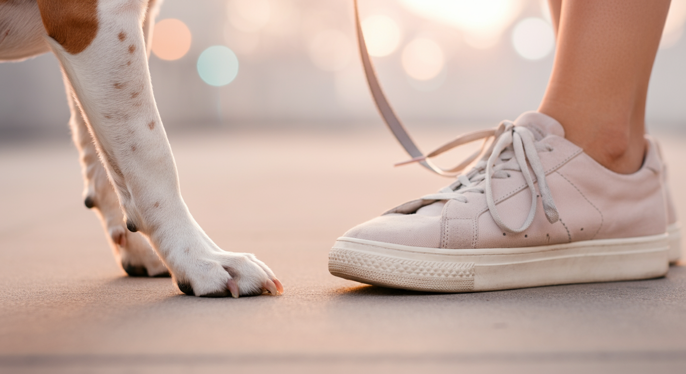 人の足元に寄り添う犬の足と、短く持たれたリード。