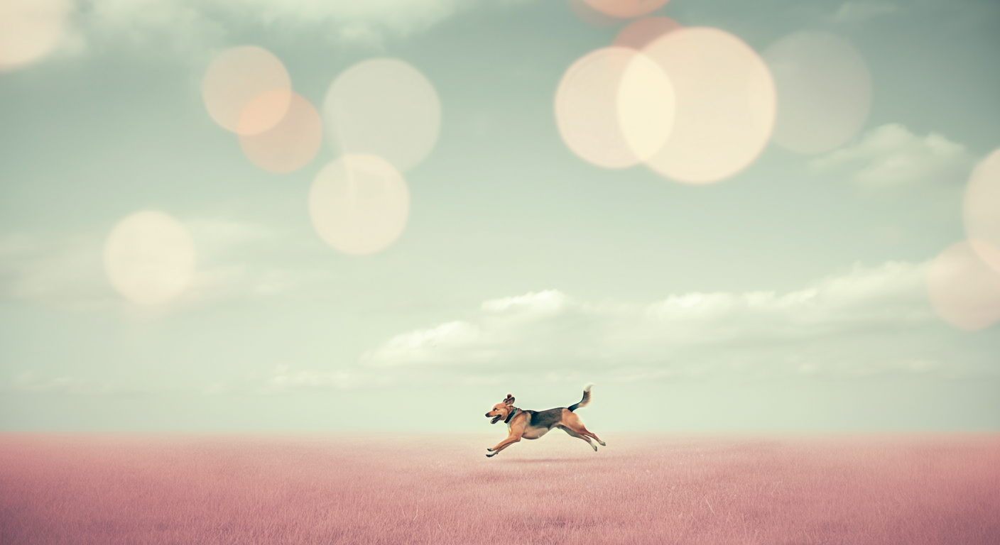 広大な野原を元気に走る一匹の犬のシルエット。パステルカラーのミニマルで健康的な写真。