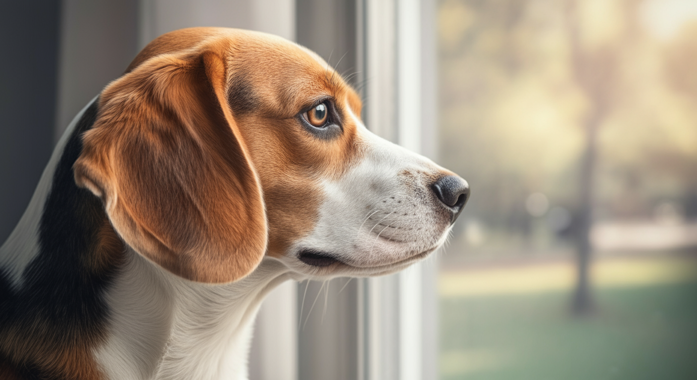 窓から公園を眺める一匹の犬。パステルカラーのミニマルで穏やかな写真。
