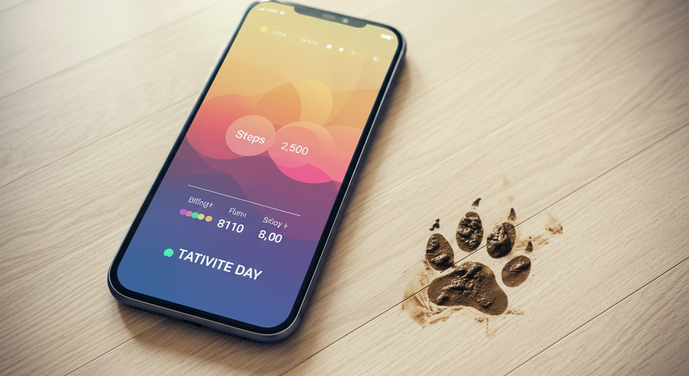 犬の活動量を示すグラフが表示されたスマートフォンと、その隣にある泥のついた足跡。