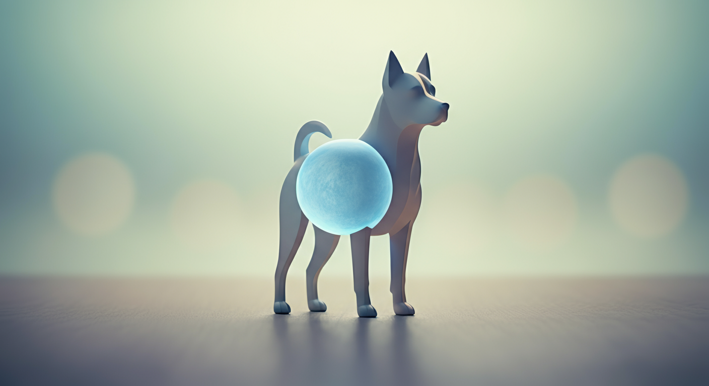犬のシルエットの中心に、穏やかに光る青い球がある概念的な画像。