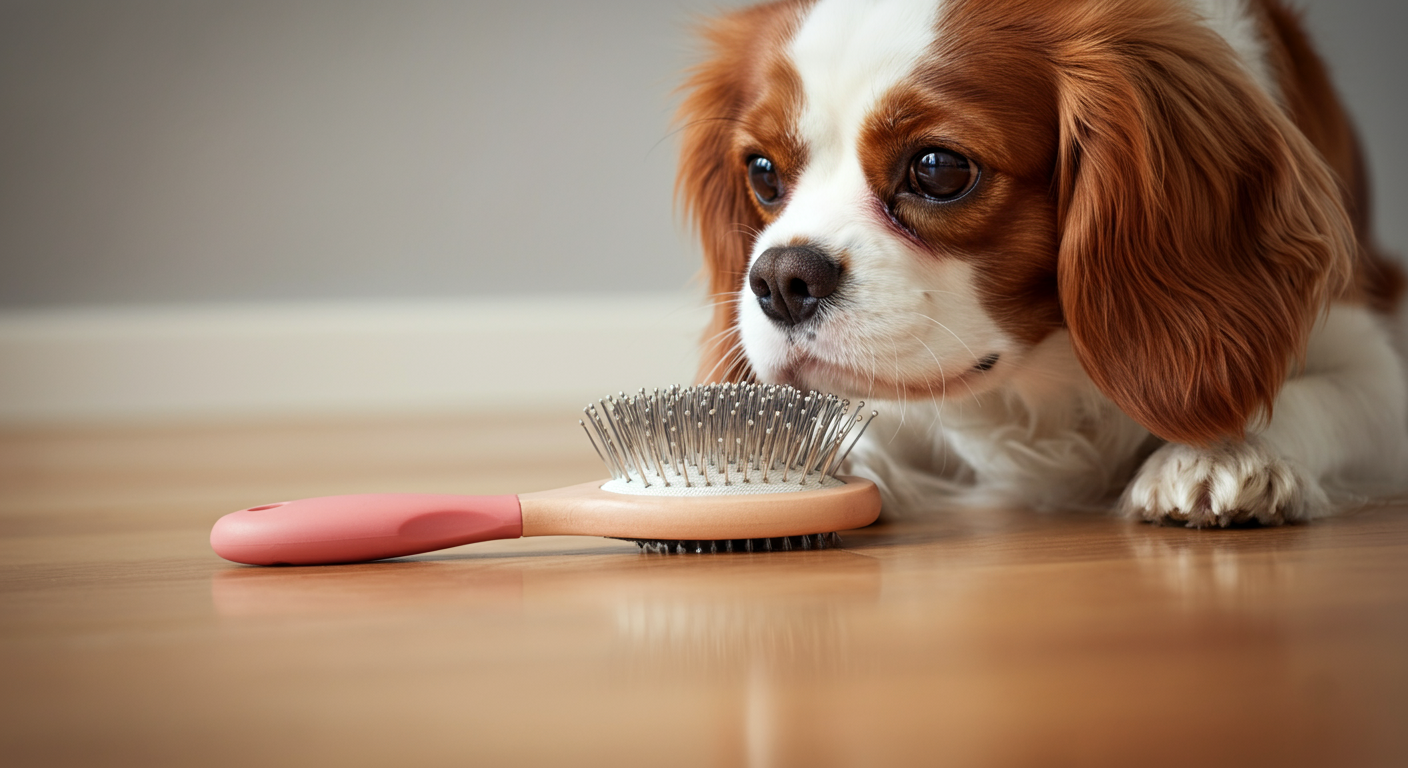 床に置かれたブラシの匂いを慎重に嗅ぐ犬の鼻先。