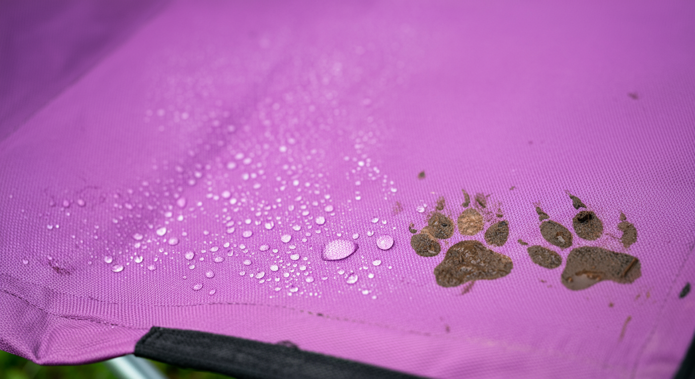 ラベンダー色の折りたたみ椅子の撥水生地の上で水滴が玉になっている。近くに一匹のダックスフントが付けた泥の足跡がある。