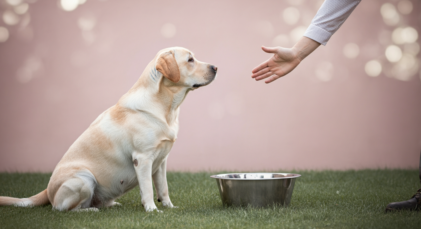 きれいな水が入った大きなステンレスボウルの前で、飼い主の合図を待って穏やかに待機しているラブラドールレトリバー。