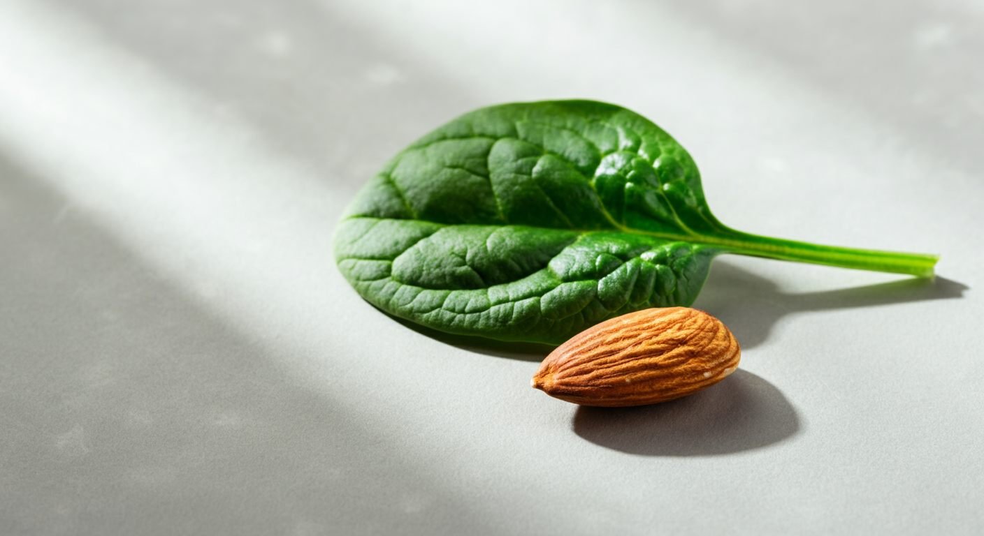 パステルカラーの背景に置かれたアーモンドとほうれん草の葉。ビタミンEを象徴する抽象的な静物写真。