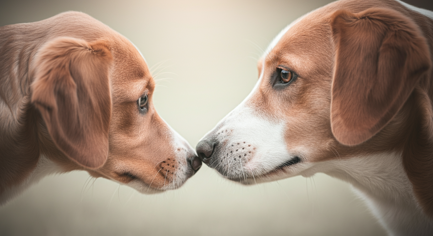 一体の犬の鼻先が、もう一体の犬(ぼやけている)の鼻先に優しく近づいているクローズアップ写真。