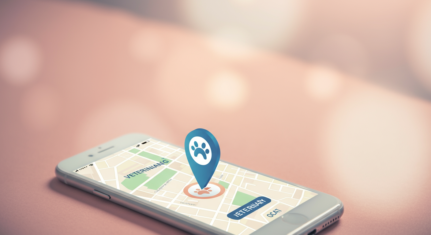 スマートフォンの画面に動物病院の場所が示されている。専門家への相談を促すイメージ。