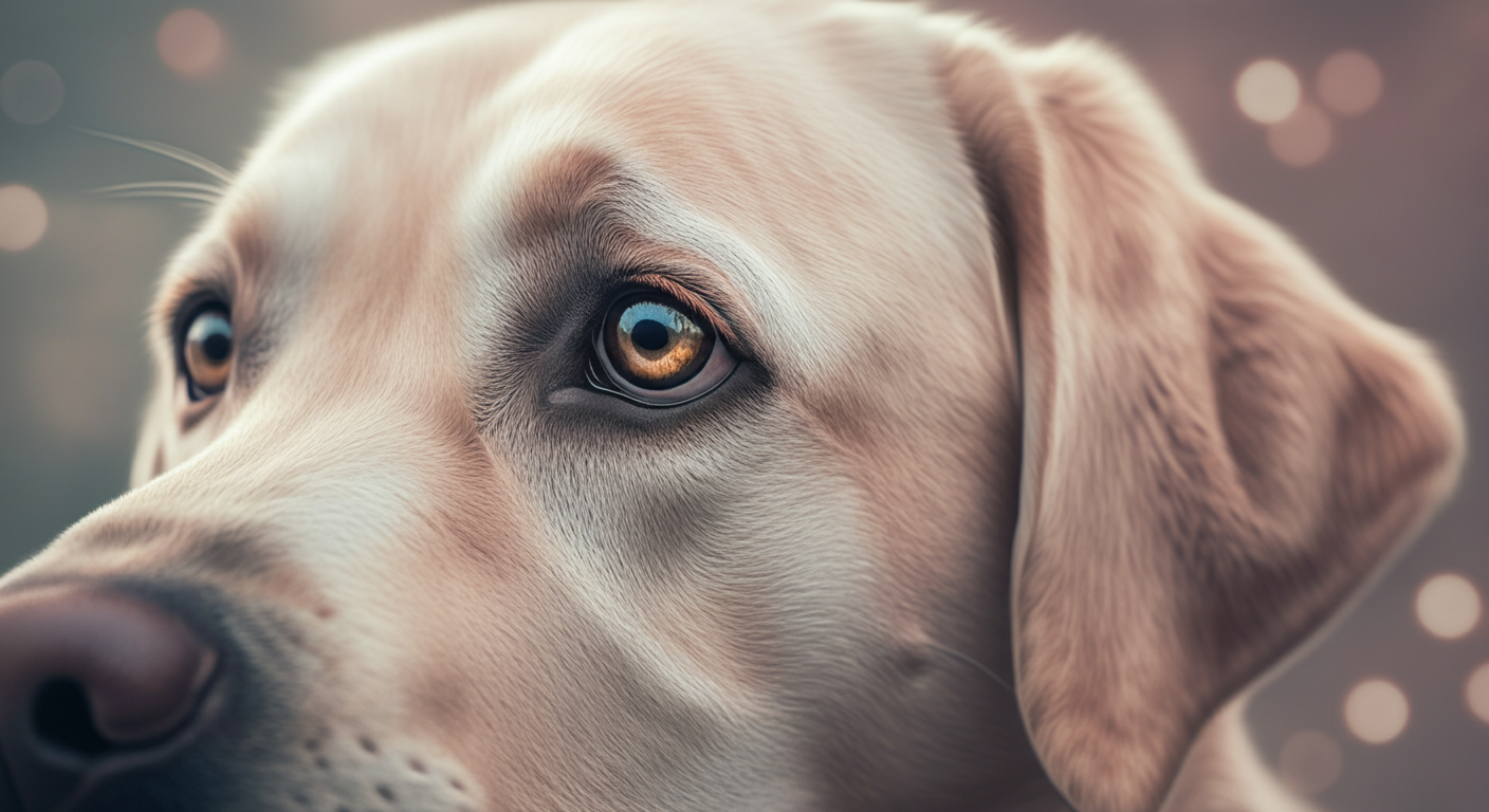 大型犬の感情豊かな瞳のクローズアップ。瞳にはぼやけた背景が映り込んでいる。