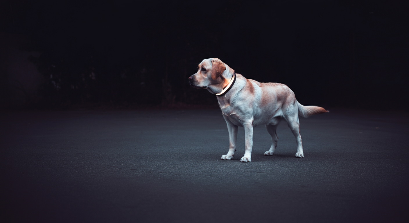 暗い道を歩く犬の首元がほのかに光っている様子