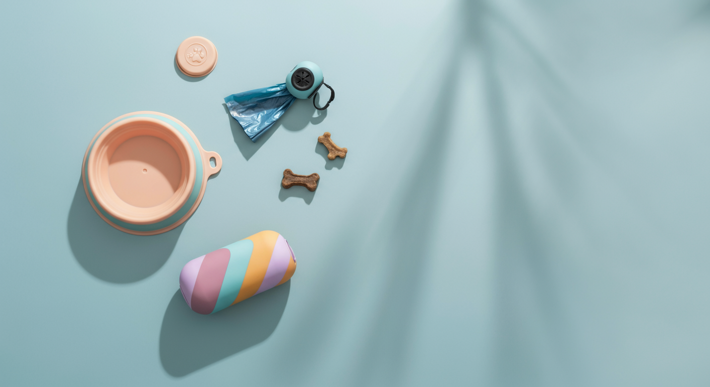 折りたたみ式の水飲みボウル、うんち袋、おやつなど、ドッグランの必需品が綺麗に並べられた俯瞰写真。