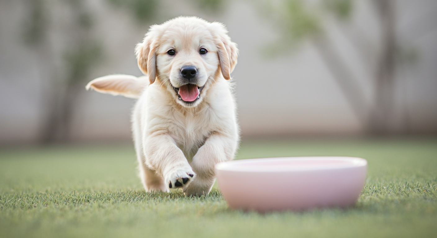 芝生の上を飼い主に向かって嬉しそうに走ってくるゴールデンレトリバーの子犬。手前にはご褒美のボウルが少しだけ写っている。