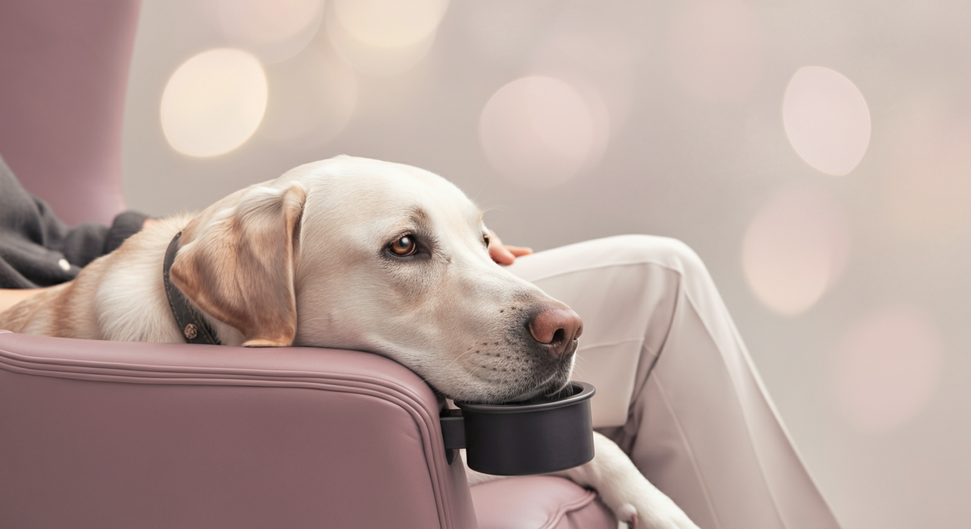 ハイバックチェアに座る飼い主の膝に頭を乗せてくつろぐラブラドールレトリバー。安定感と快適性を象徴する一枚。