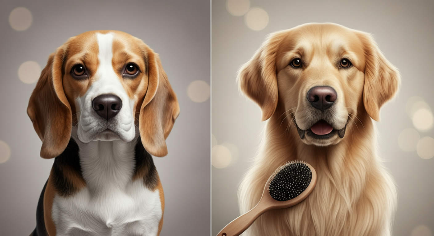 画面が二分割され、左には短毛種の犬の滑らかな毛並み、右には長毛種の犬の豊かな毛並みが写っており、それぞれの毛質の違いがわかる。