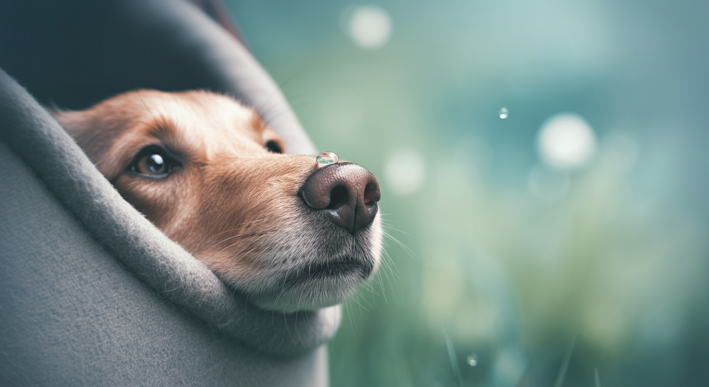 ソフトクレートから鼻を出す一匹の犬のクローズアップ。鼻先に水滴がついており、クールダウンしている様子。