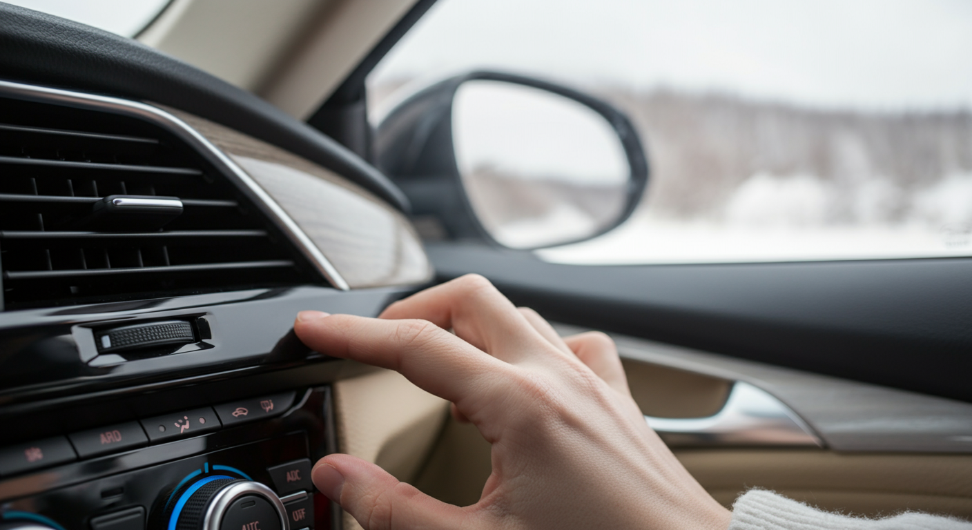 車のエアコンの温度を調整している手のクローズアップ。窓の外には霜が降りた冬景色が広がっている。