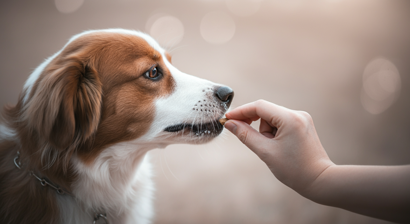 飼い主の手から犬の口へ、そっとおやつが渡される瞬間のマクロ撮影